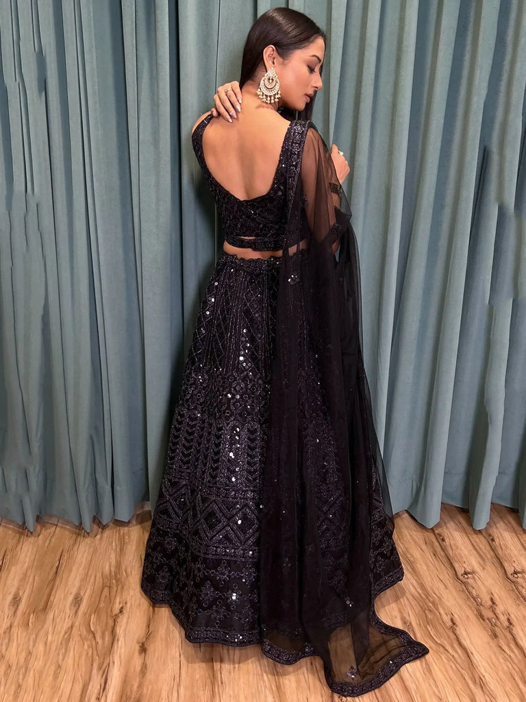 Attractive Black Sequins Net Reception Wear Lehenga Choli With Dupatta