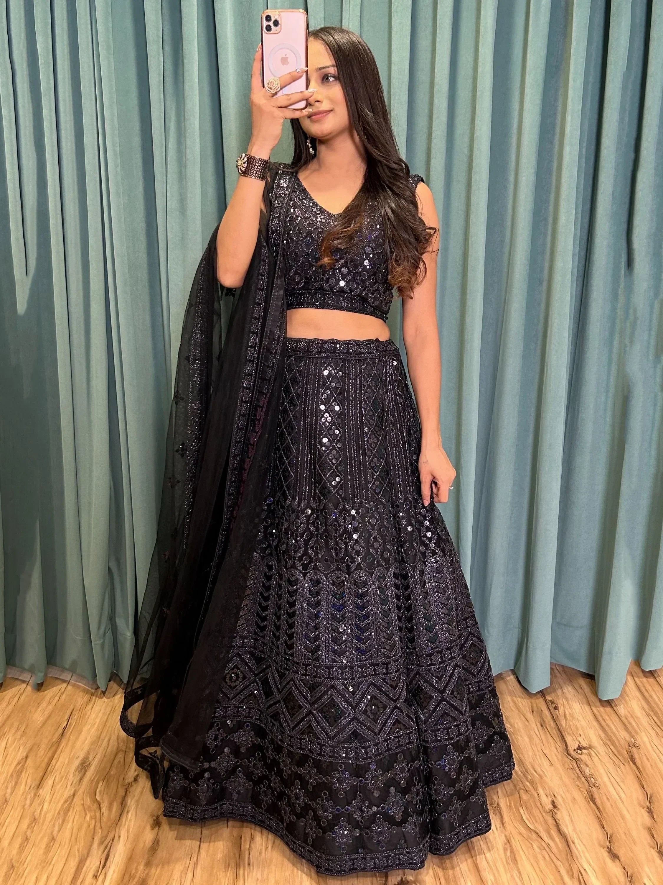 Black sequined lehenga choli with dupatta, Indian ethnic wear for weddings and parties