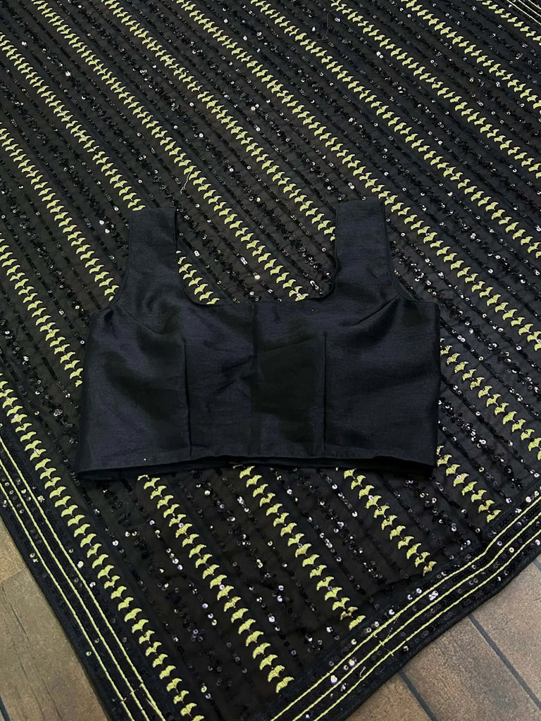 Enthralling Black Sequined Work Georgette Cocktail Party Saree With Blouse