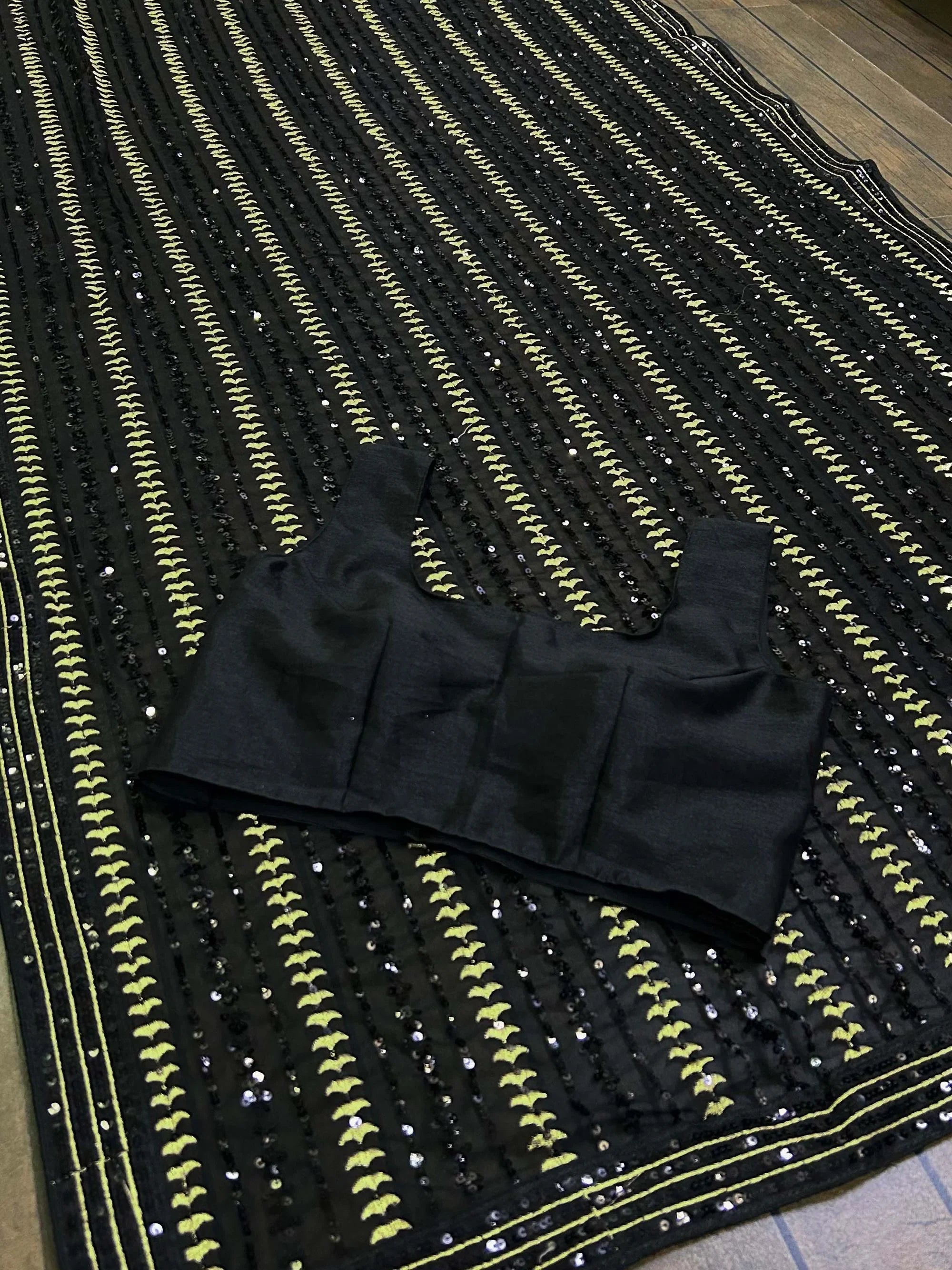 Enthralling Black Sequined Work Georgette Cocktail Party Saree With Blouse