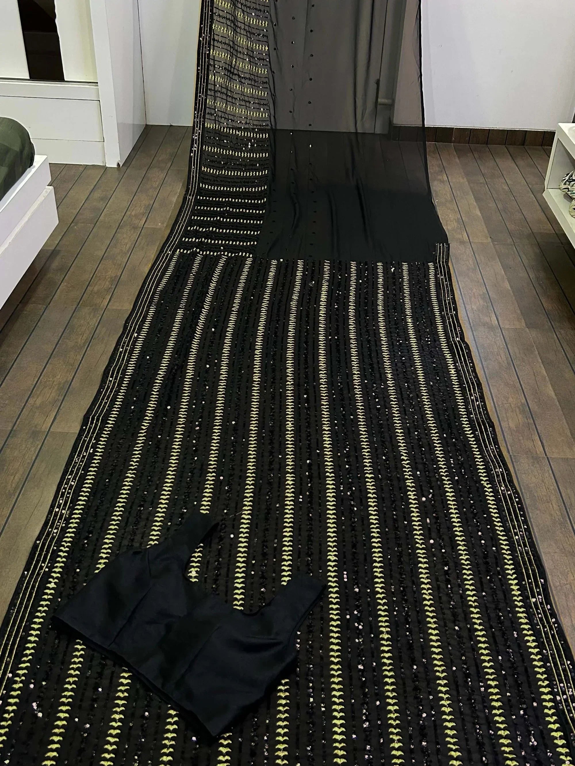 Enthralling Black Sequined Work Georgette Cocktail Party Saree With Blouse