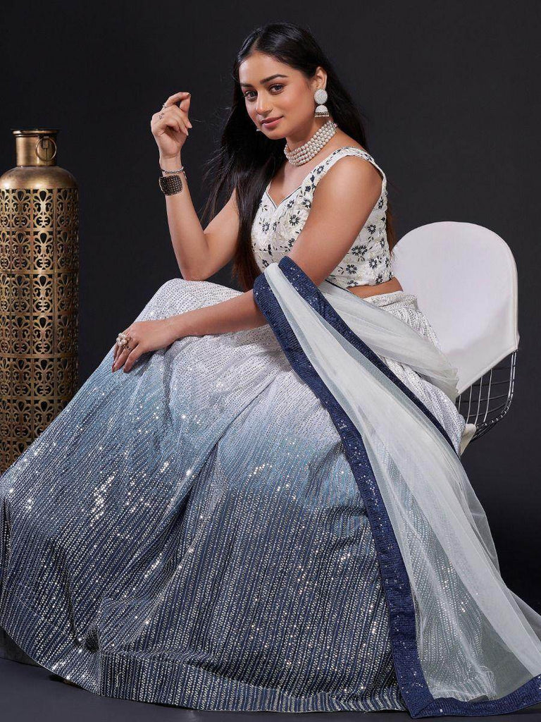 Dazzle Navy-Blue & White Sequins Work Georgette Reception Lehenga Choli