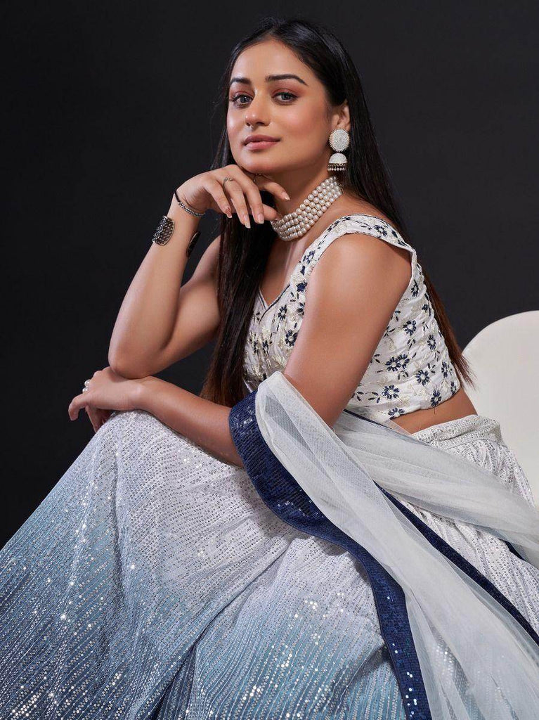 Dazzle Navy-Blue & White Sequins Work Georgette Reception Lehenga Choli