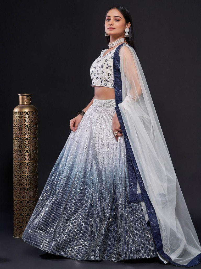 Dazzle Navy-Blue & White Sequins Work Georgette Reception Lehenga Choli