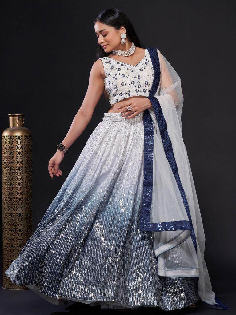 Dazzle Navy-Blue & White Sequins Work Georgette Reception Lehenga Choli