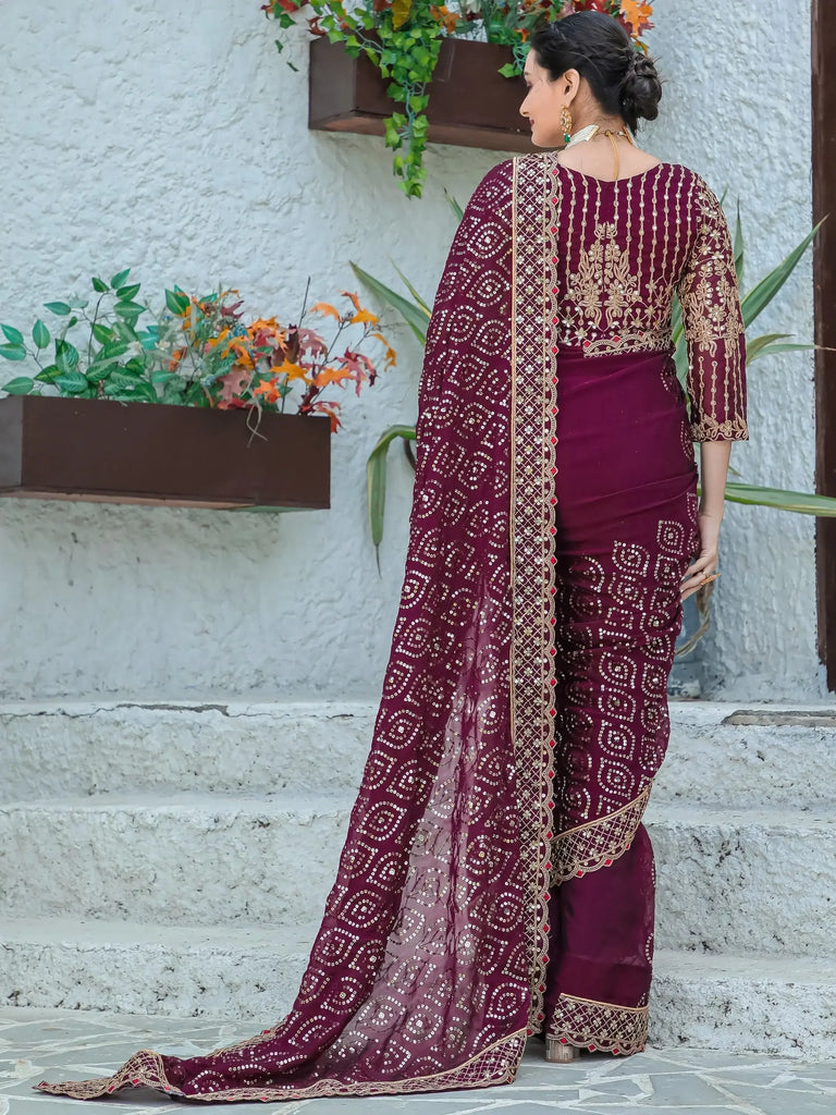 Stunning Wine Sequins Georgette Function Wear Saree With Blouse