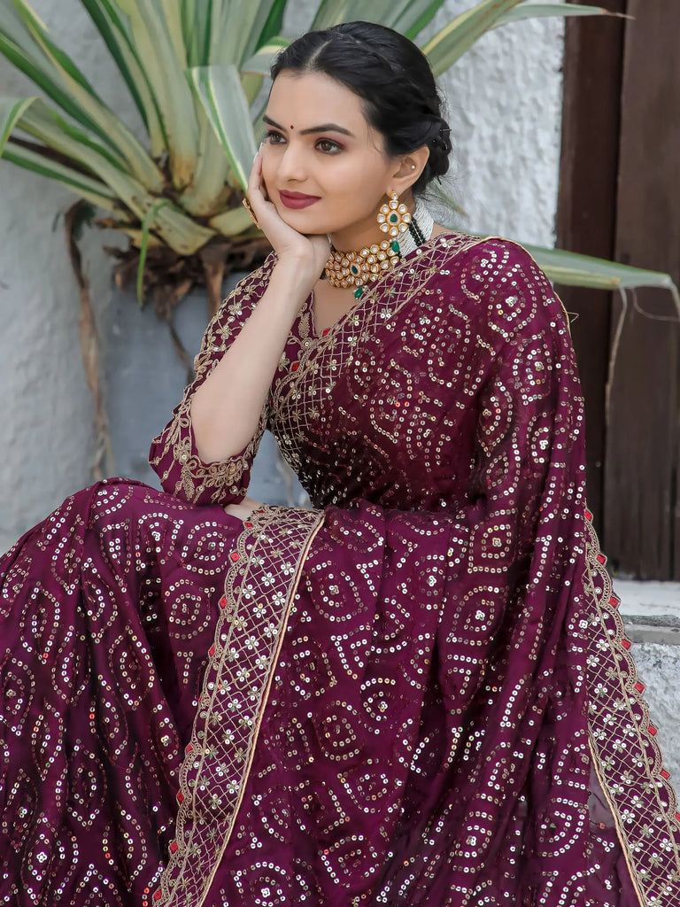 Stunning Wine Sequins Georgette Function Wear Saree With Blouse