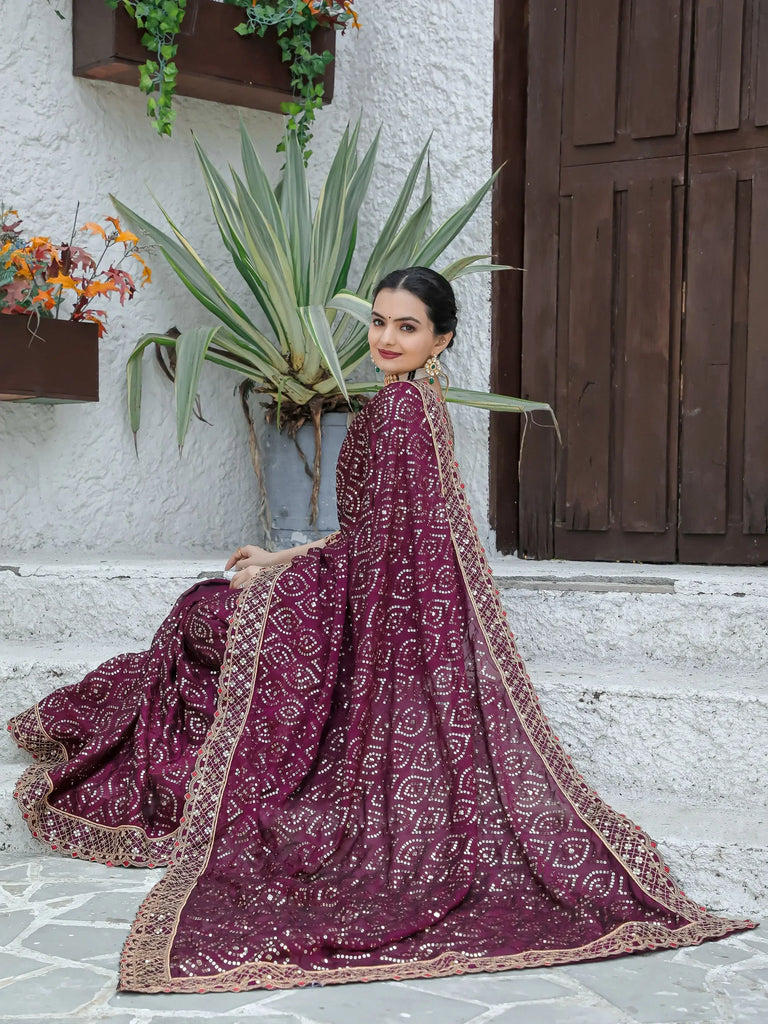 Stunning Wine Sequins Georgette Function Wear Saree With Blouse