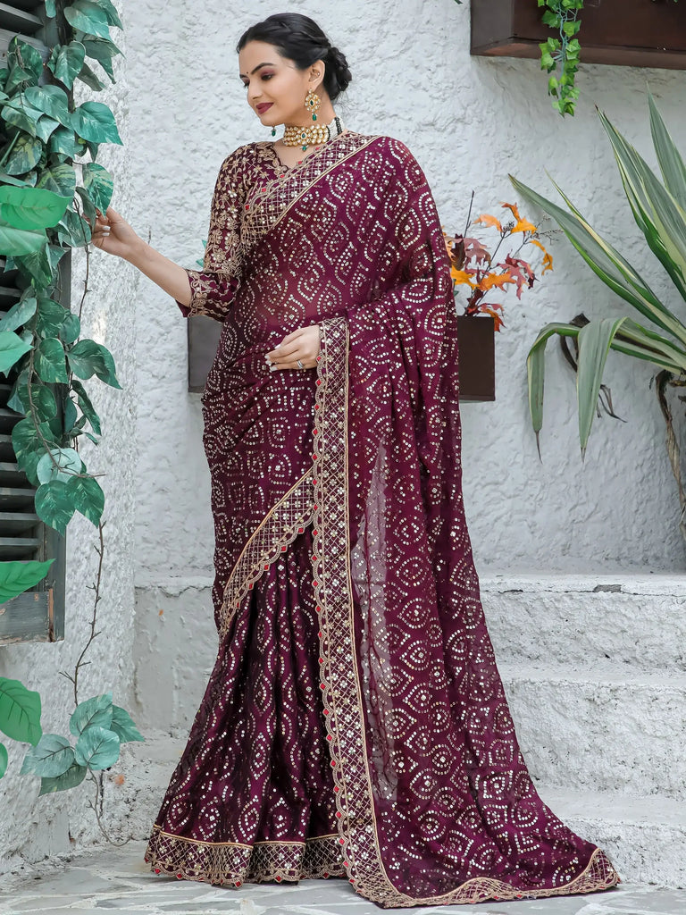 Stunning Wine Sequins Georgette Function Wear Saree With Blouse