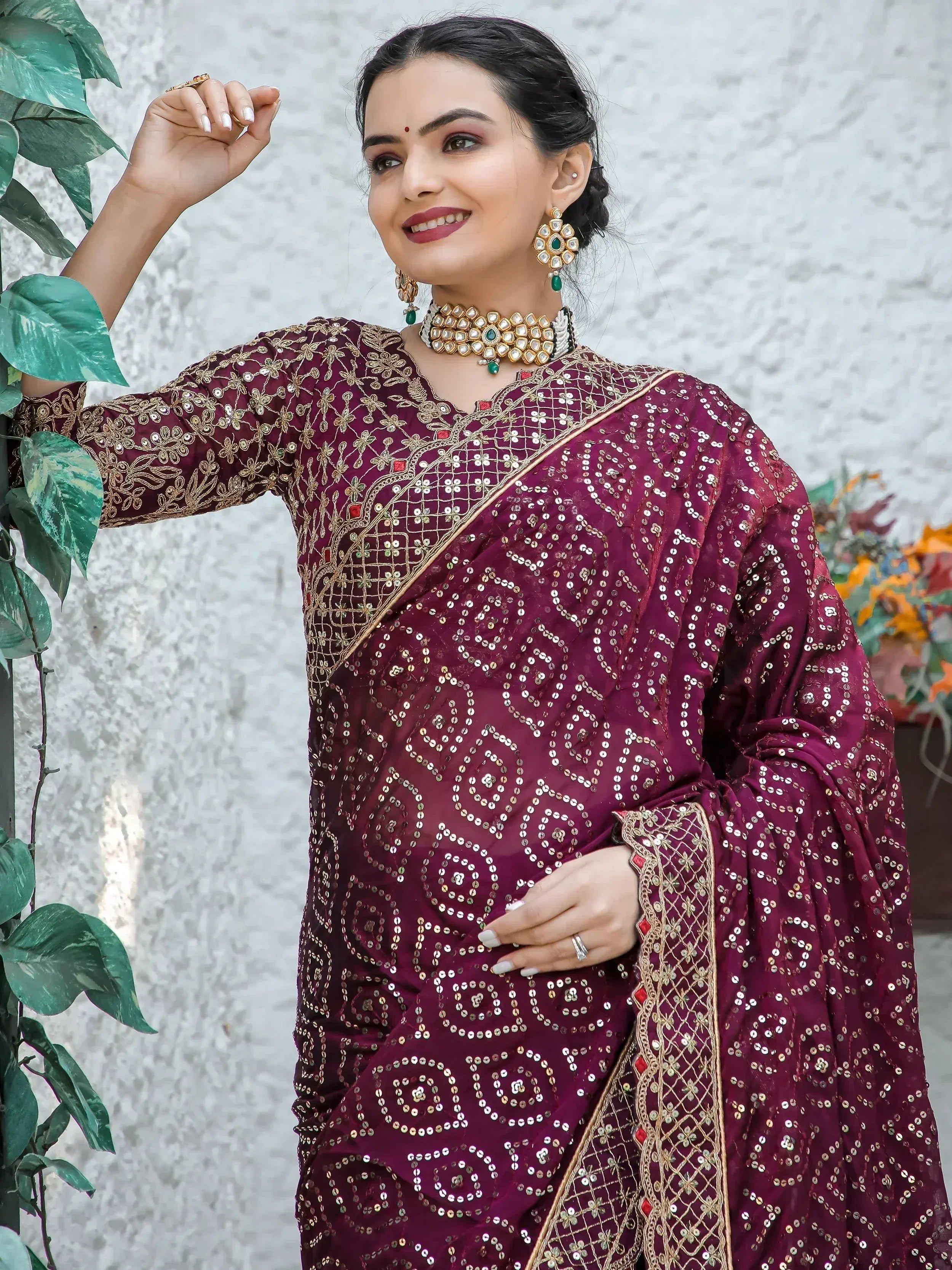 Stunning Wine Sequins Georgette Function Wear Saree With Blouse