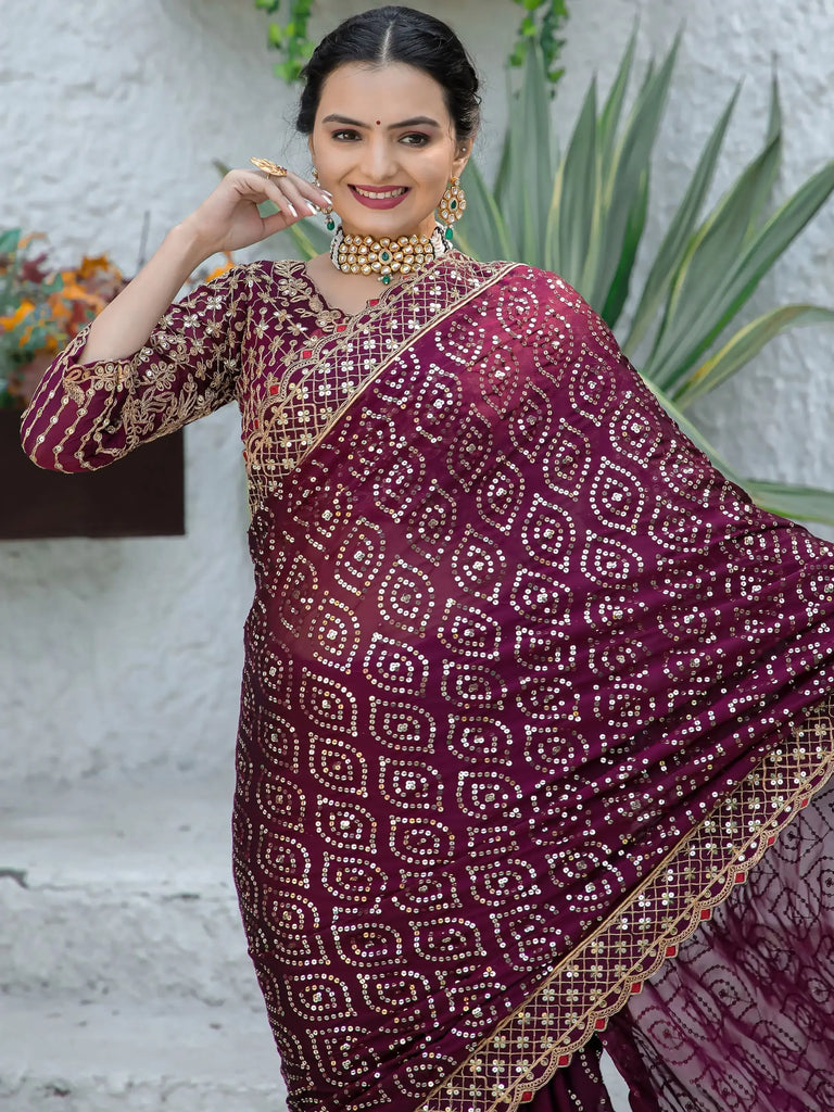 Stunning Wine Sequins Georgette Function Wear Saree With Blouse