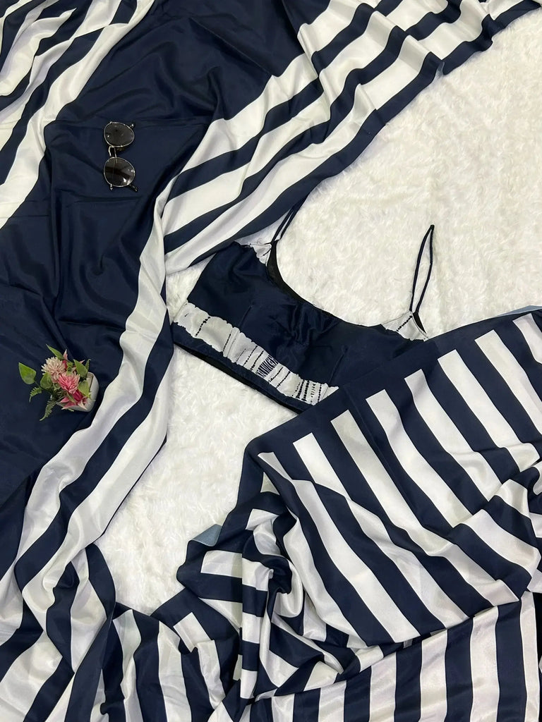 Captivating Blue And White Satin Party Wear Saree With Blouse