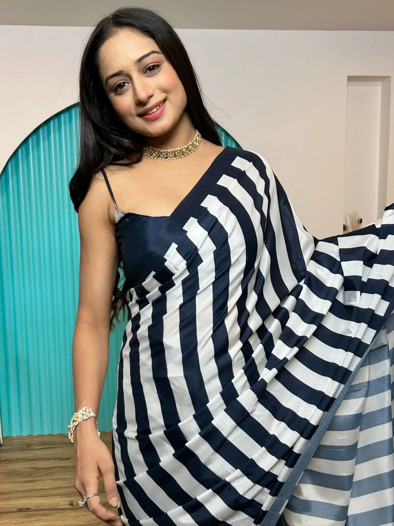 Captivating Blue And White Satin Party Wear Saree With Blouse