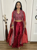Beautiful Red Mirror Work Satin Sharara Crop-Top With Jacket