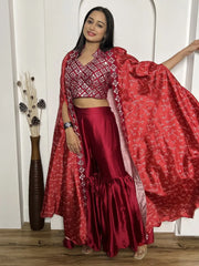 Beautiful Red Mirror Work Satin Sharara Crop-Top With Jacket