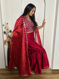 Beautiful Red Mirror Work Satin Sharara Crop-Top With Jacket