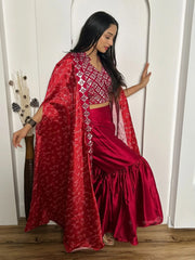 Beautiful Red Mirror Work Satin Sharara Crop-Top With Jacket