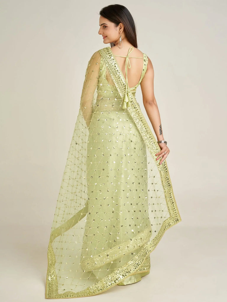 Stunning Pista Green Sequin Net Party Wear Saree With Blouse