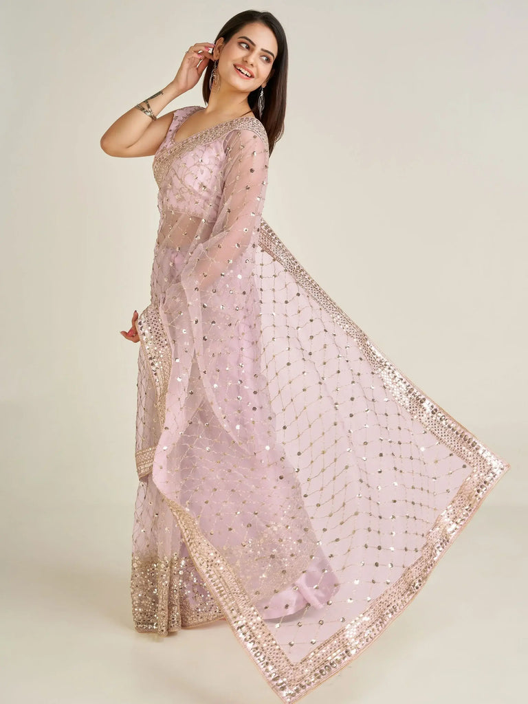 Glamorous Light Pink Sequins Net Wedding Wear Saree With Blouse