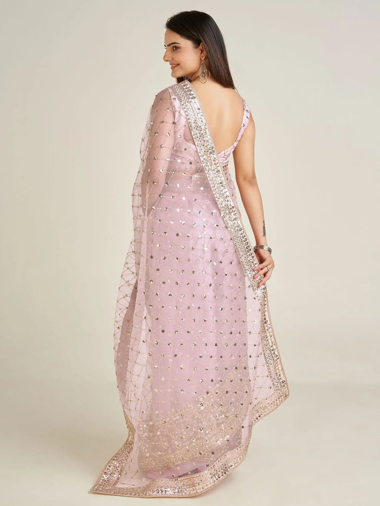 Glamorous Light Pink Sequins Net Wedding Wear Saree With Blouse