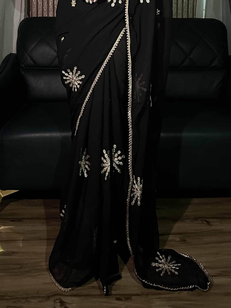 Gorgeous Black Embroidered Georgette Party Wear Saree With Blouse