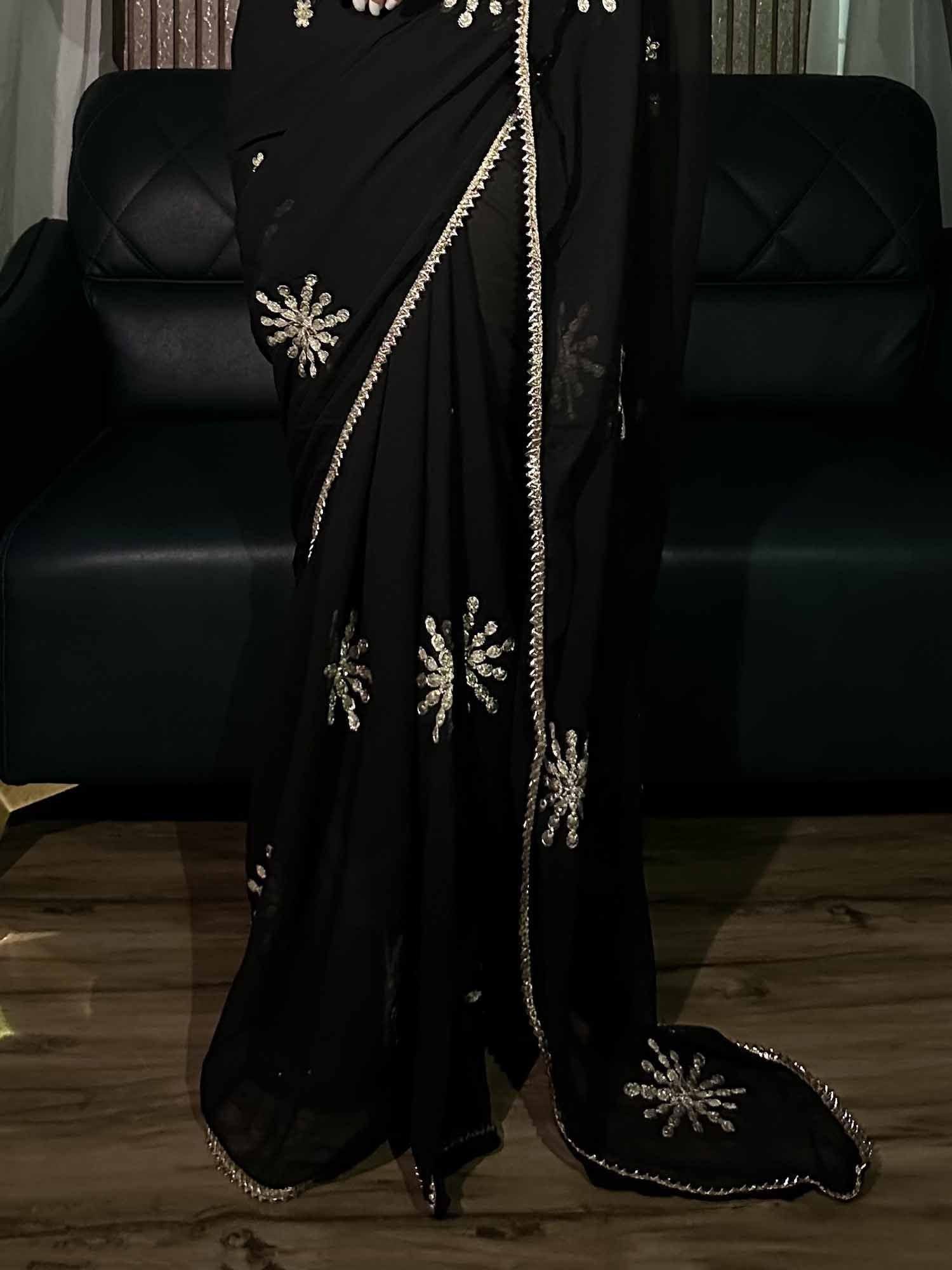 Black designer saree with silver floral embroidery and border, ethnic wear for women
