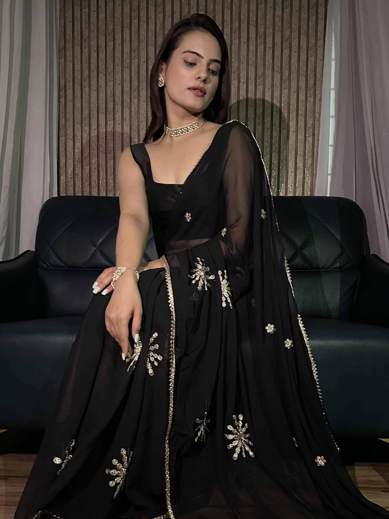Gorgeous Black Embroidered Georgette Party Wear Saree With Blouse