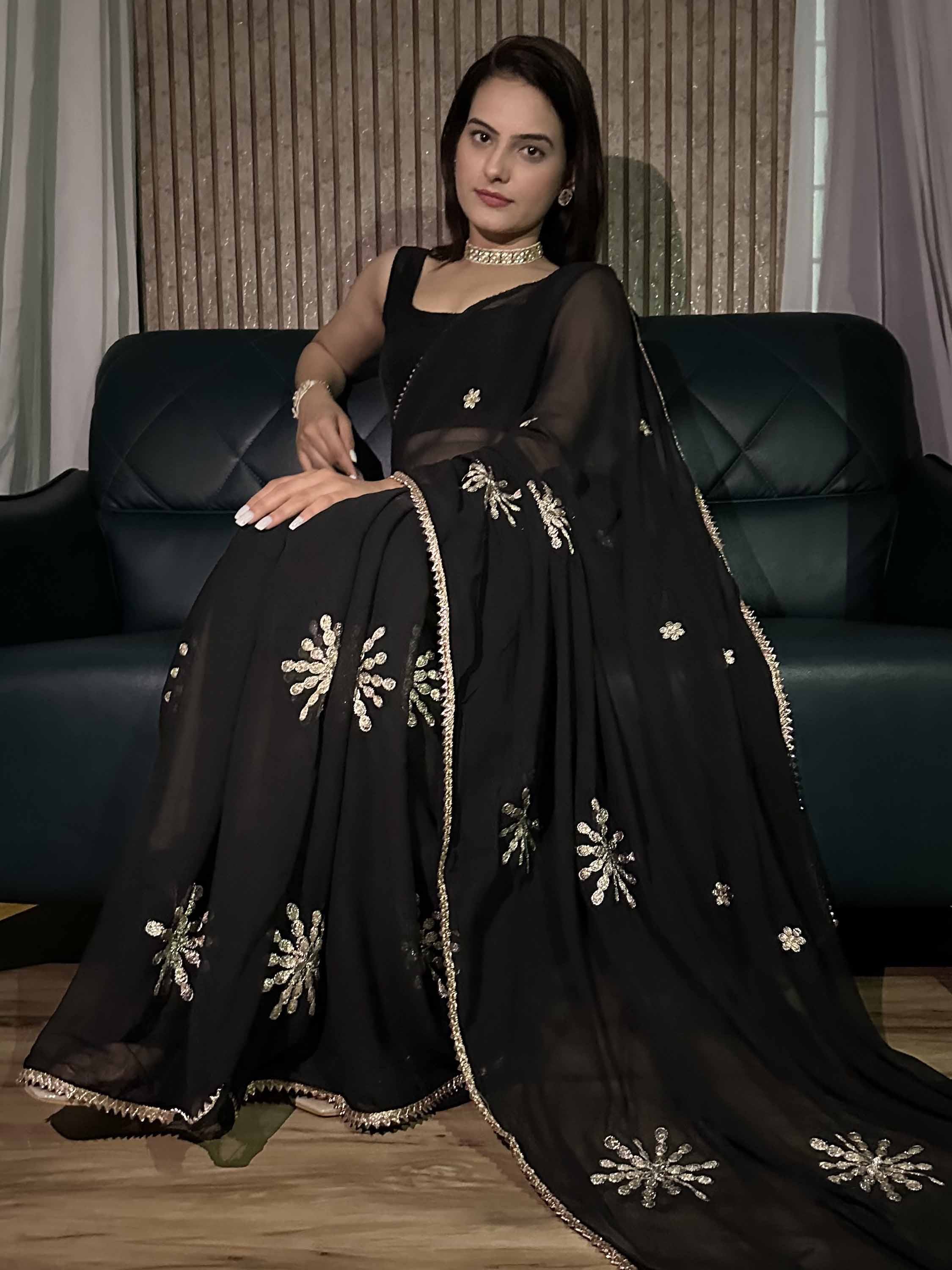 Gorgeous Black Embroidered Georgette Party Wear Saree With Blouse