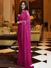 Isha Ambani Sabyasachi Pink Sequins Georgette Party Wear Saree With Blouse