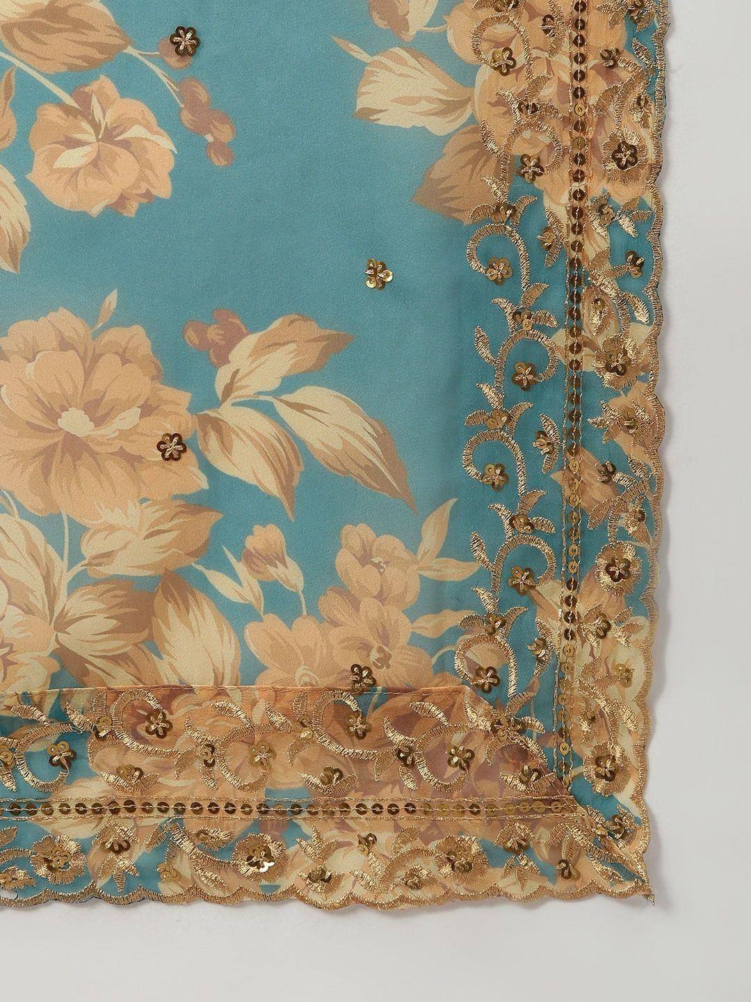 Teal floral saree with gold embroidery and sequin border, ethnic Indian wear