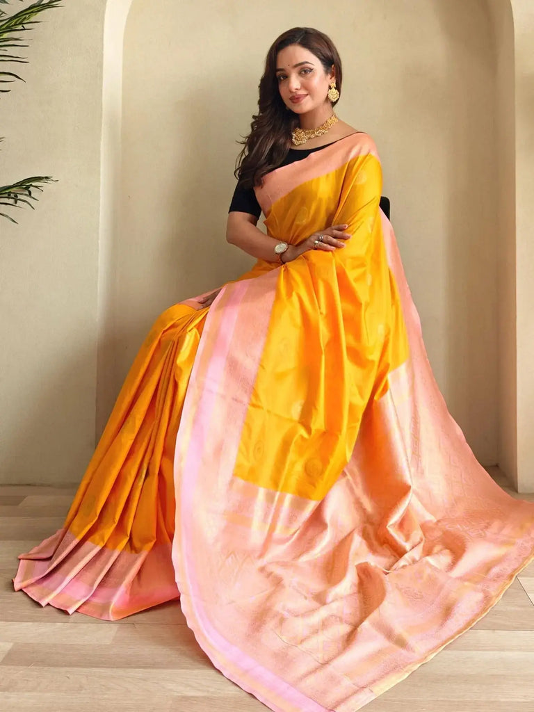 Feminine Mustard Yellow Silk Zari Weaving Saree With Blouse - Ethnic Plus In