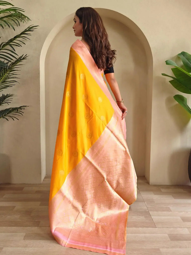 Feminine Mustard Yellow Silk Zari Weaving Saree With Blouse - Ethnic Plus In