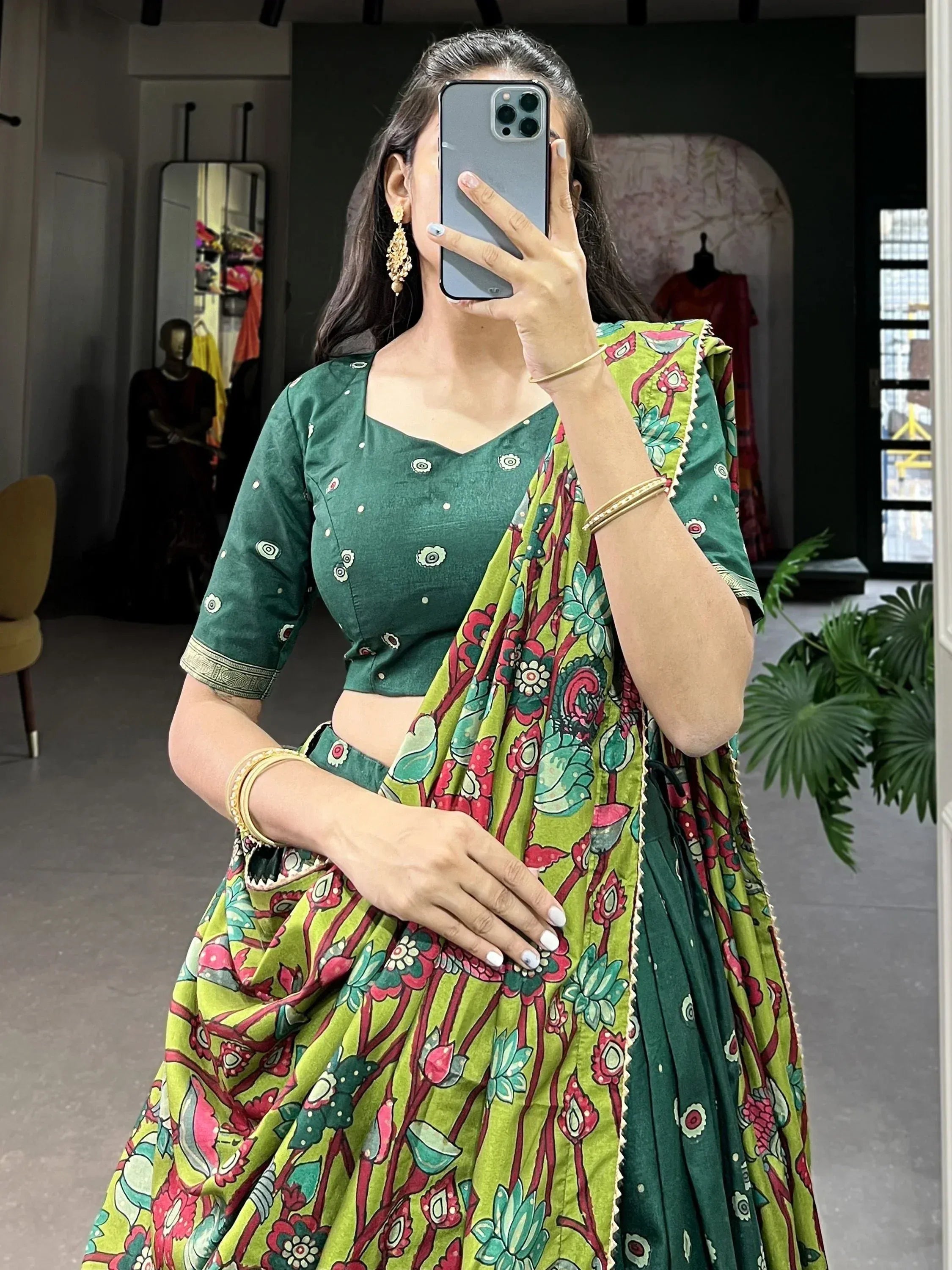 Green printed lehenga choli with floral dupatta, ethnic Indian wear for women