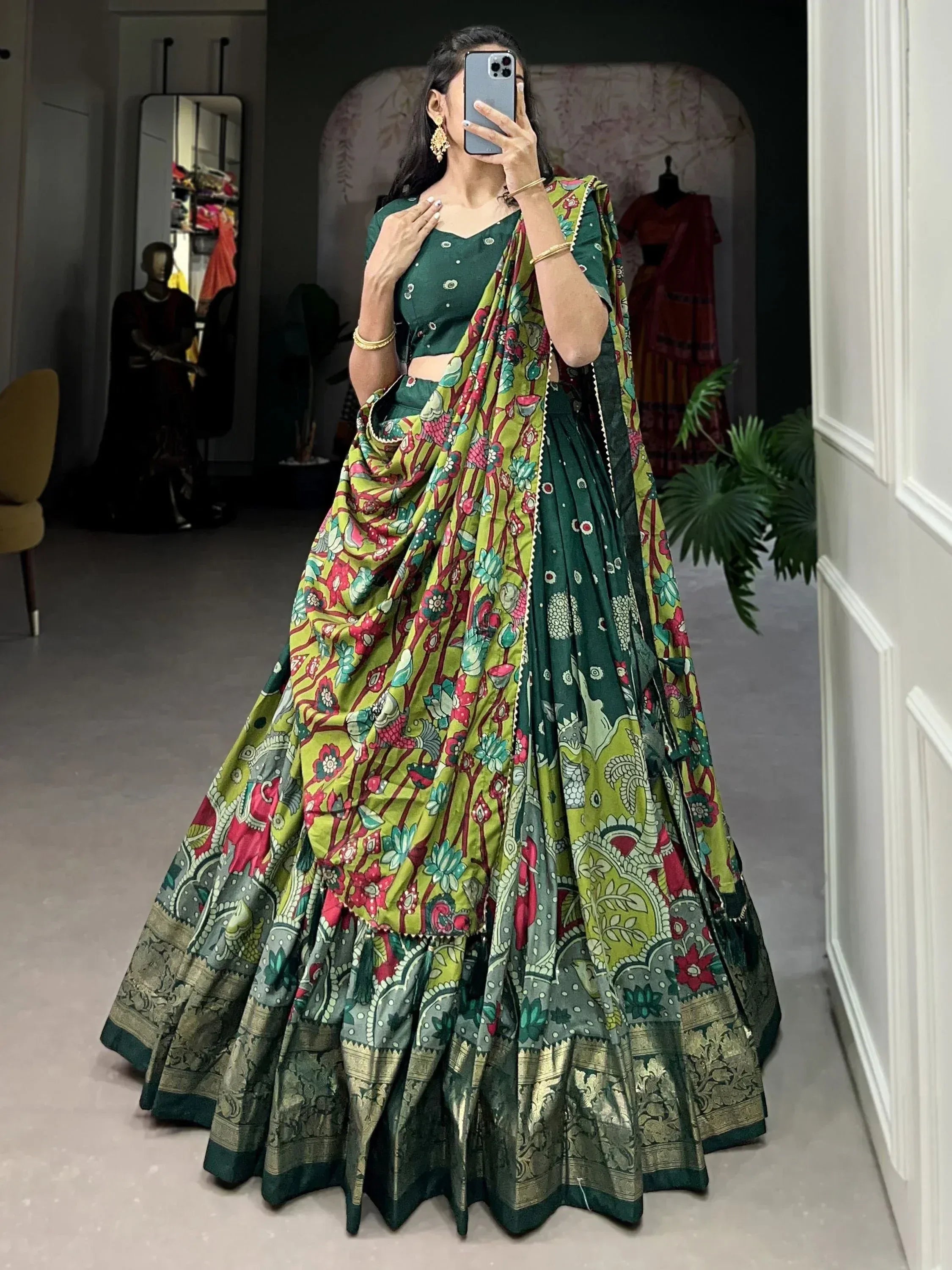 Green floral lehenga choli with printed dupatta, Indian ethnic wear for women