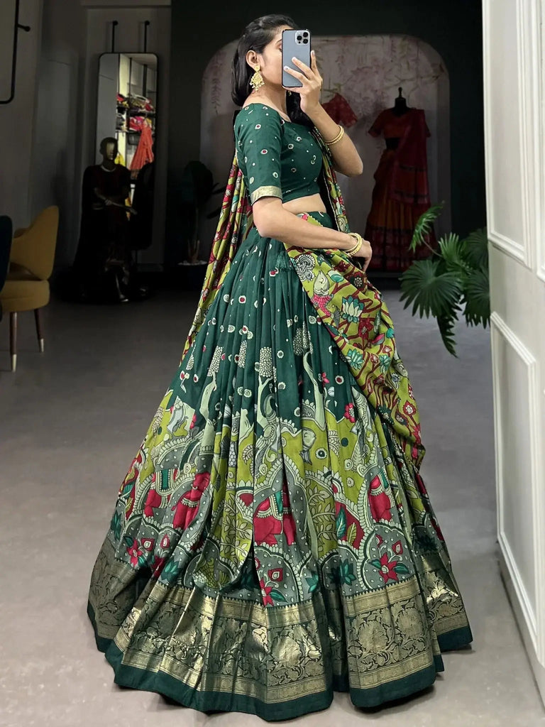 Fetching Green Kalamkari Print Tussar Silk Festival Wear Lehenga Choli - Ethnic Plus In