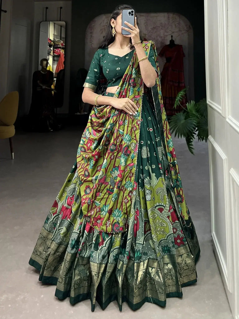 Fetching Green Kalamkari Print Tussar Silk Festival Wear Lehenga Choli - Ethnic Plus In