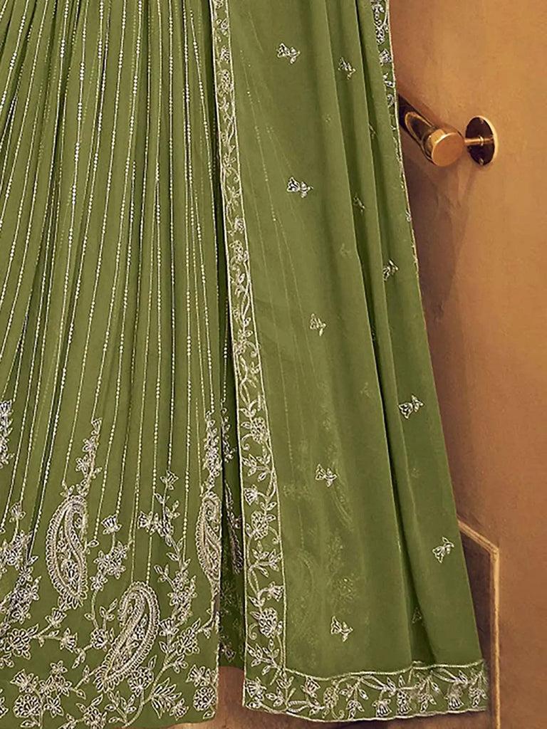 Pretty Green Thread Embroidered Georgette Wedding Wear Lehenga Choli