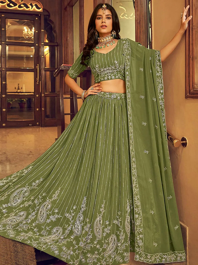 Pretty Green Thread Embroidered Georgette Wedding Wear Lehenga Choli