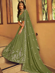 Pretty Green Thread Embroidered Georgette Wedding Wear Lehenga Choli