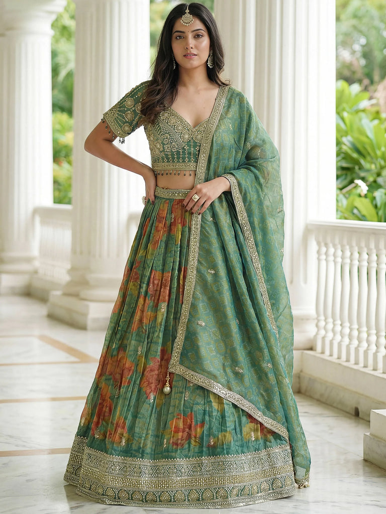 Glamorous Green Zari Embroidered Kanjivaram Wedding Wear Lehenga Choli