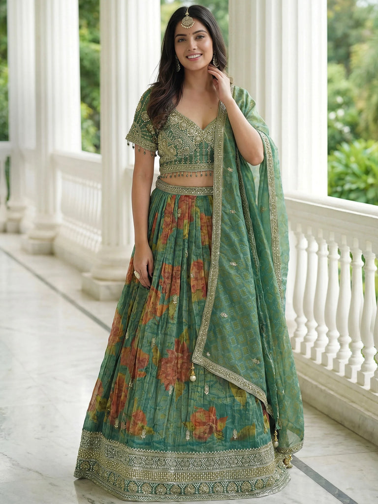 Glamorous Green Zari Embroidered Kanjivaram Wedding Wear Lehenga Choli