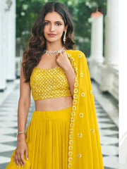 Opulent Yellow Sequined Georgette Party Wear Lehenga Choli with Shrug