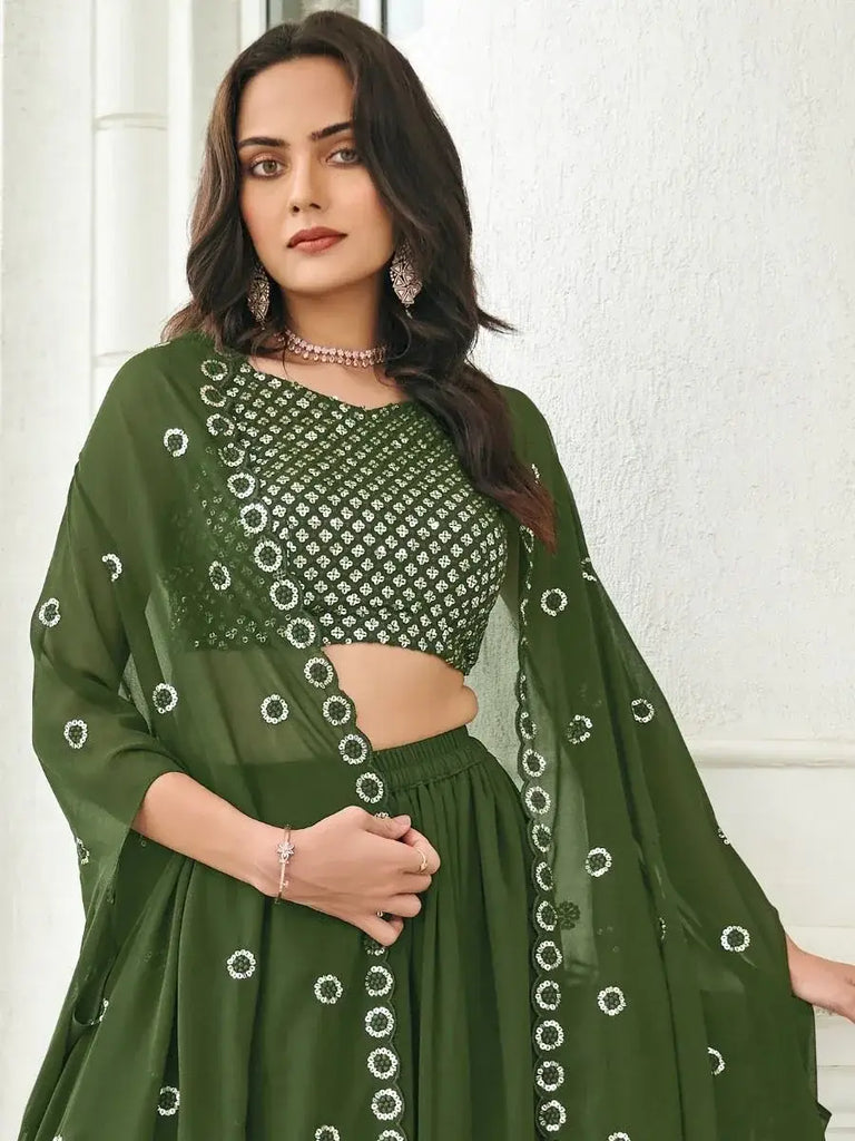 Glamorous Olive Green Sequined Georgette Party Wear Lehenga Choli with Shrug