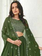 Glamorous Olive Green Sequined Georgette Party Wear Lehenga Choli with Shrug