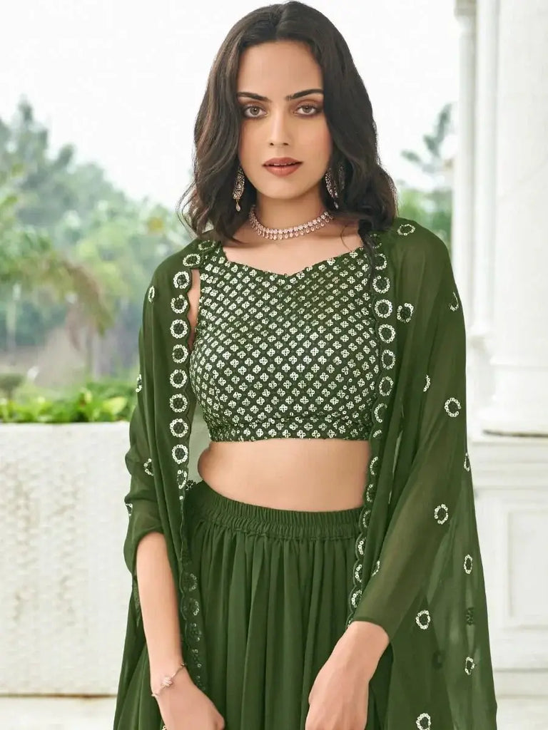 Glamorous Olive Green Sequined Georgette Party Wear Lehenga Choli with Shrug