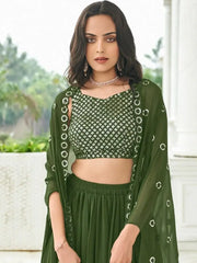 Glamorous Olive Green Sequined Georgette Party Wear Lehenga Choli with Shrug