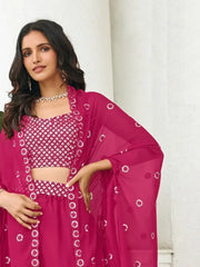 Engaging Fuscia Pink Embroidered Georgette Party Wear Lehenga Choli with Shrug