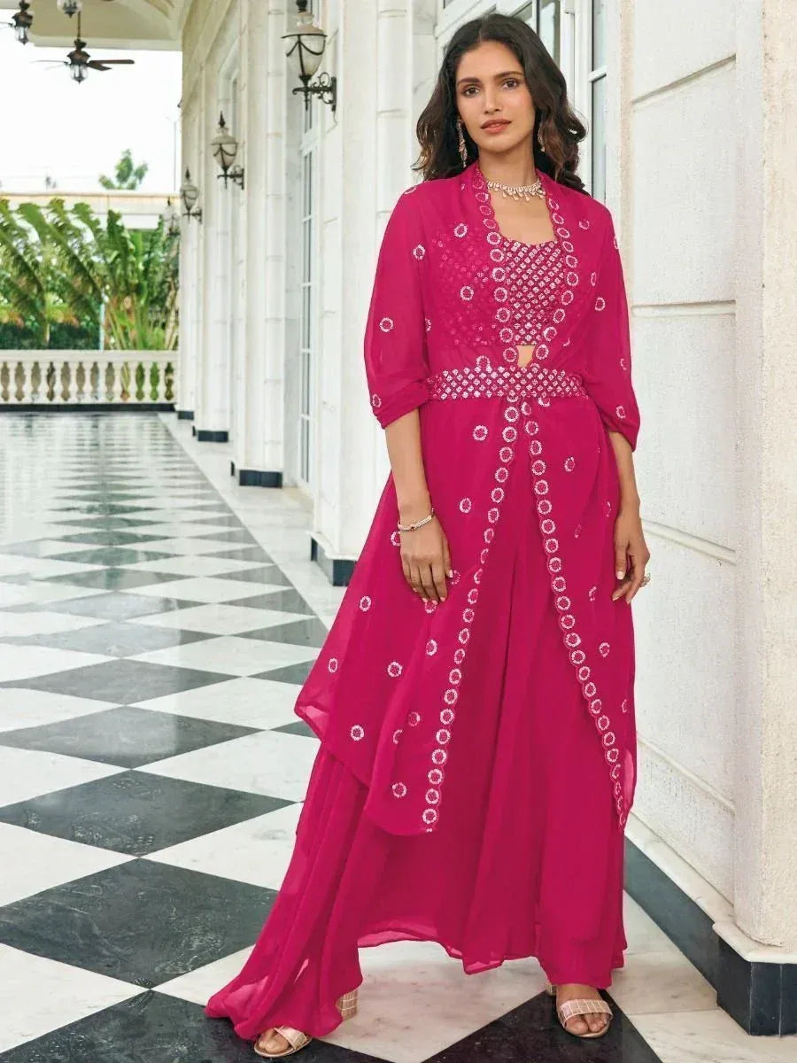 Fuchsia ethnic gown with white embroidery, perfect for Indian occasions and festive wear