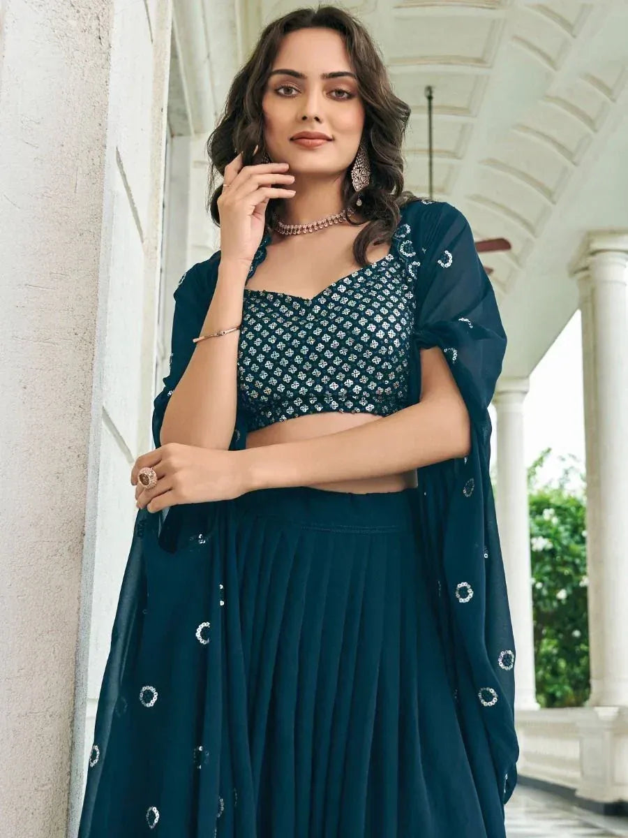 Teal embroidered lehenga choli with sheer dupatta, Indian ethnic wear for women