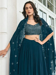 Lovable Navy-Blue Embroidered Georgette Cocktail Wear Lehenga Choli with Shrug